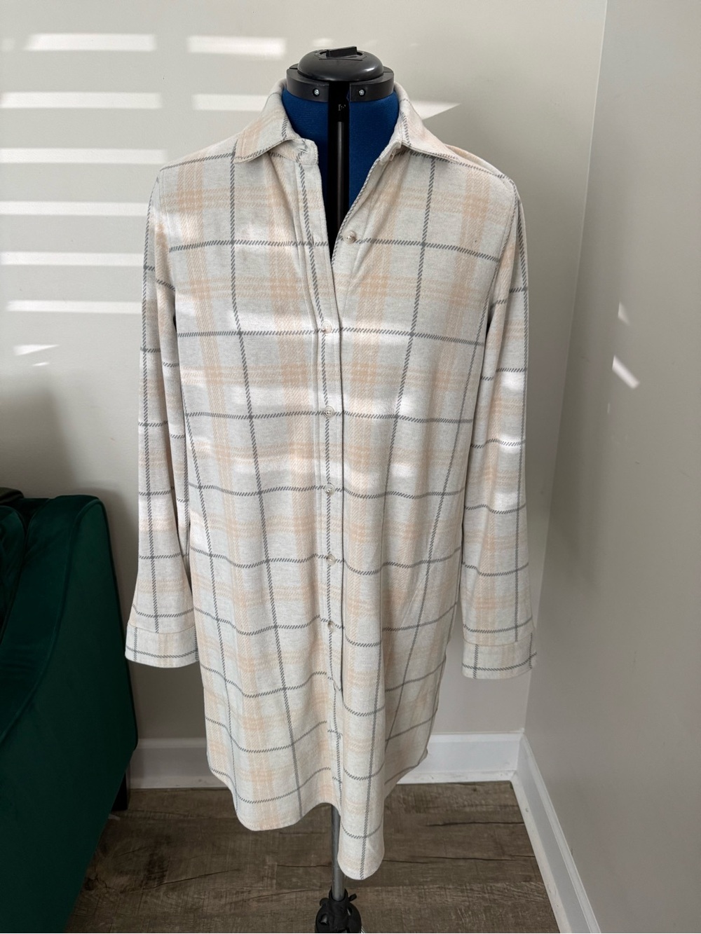 Quince Plaid Button-Front Shirt Dress in Cream and Beige